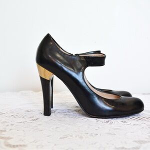 Emporio Armani Black Leather Mary Jane Pumps with Gold Heel Detail